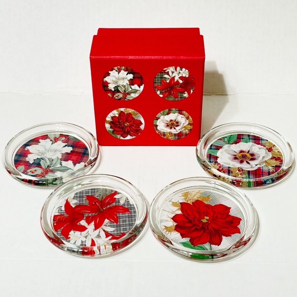 Vtg set 4 Glass Coasters Fringe Studio Christmas Holiday Floral Plaid Felt Back